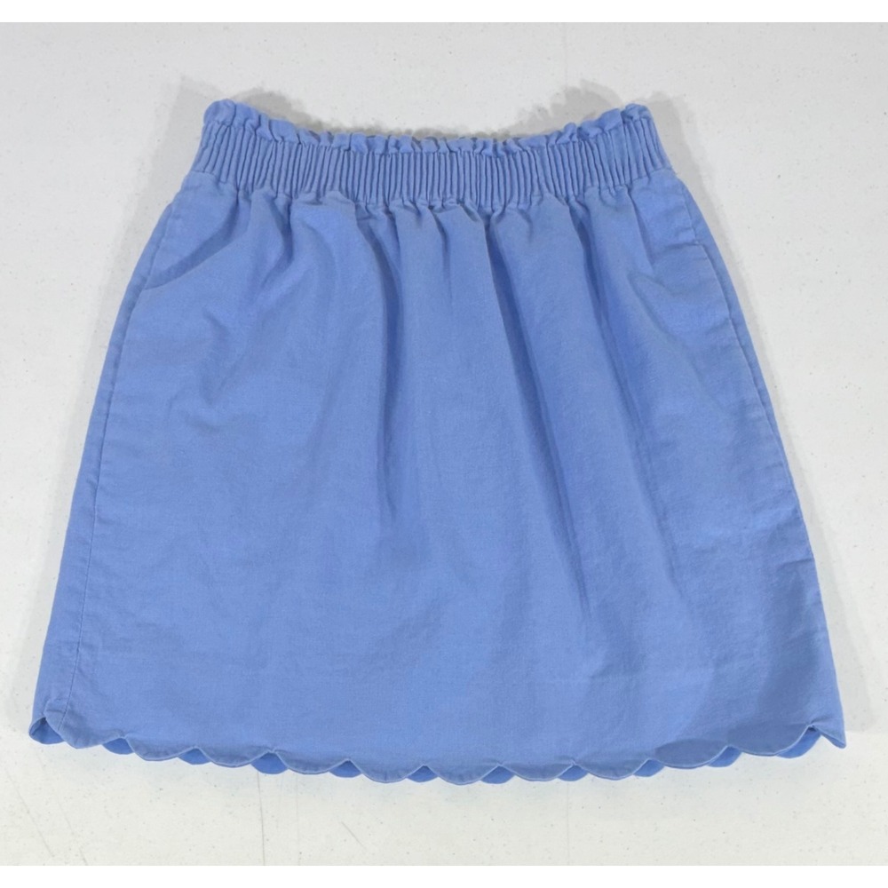 J Crew Scalloped Hem Linen Cotton Blend Mini Skirt Size 0 Blue Elastic‎ Waist